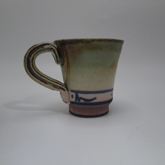 Studio Artisan Pottery Mug Green Brown Glaze Line Accent Rustic Coffee Cup - Picture 3 of 11